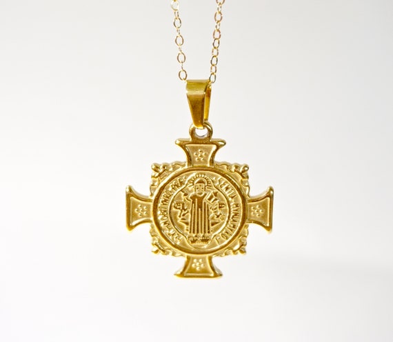 Saint Benedict Cross Medallion, Gold Medallion, Antique Religious Medal, Layering Necklace, Gold St. Benedict, Antiquity Pendant, Bohemian