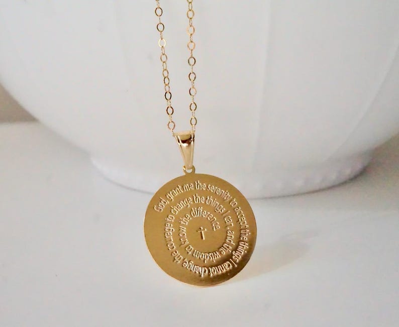 Serenity Prayer Gold Medallion Script Pendant Necklace, Serenity