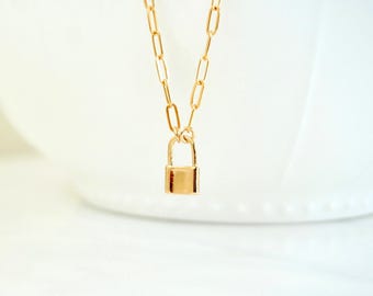 Gold Padlock Necklace, Small Lock Necklace, Love Lock, Layering Necklace, Padlock Necklace, Gold Filled Drawn Chain, On Trend, Love Lock