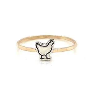 Chicken Charm Cut Out Stacking Ring – Customizable in Sterling, Bronze, or Copper, with Sterling, Gold Filled, or Rose Gold Filled Bands