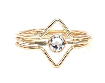 Handmade Diamond Crystal Solitaire & Chevron Ring Set - Stacking Band Set with April Birthstone, Handcrafted Jewelry