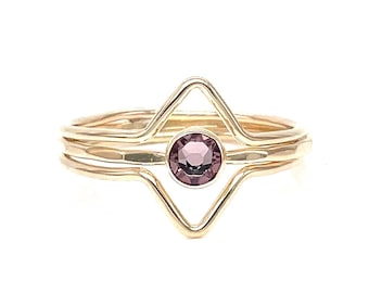 Handmade Alexandrite Crystal Solitaire & Chevron Ring Set - Stacking Band Set with June Birthstone, Handcrafted Jewelry