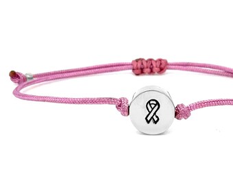Handcrafted Breast Cancer Awareness Ribbon Charm Bracelet – Adjustable, Sterling Silver, Brass, Aluminum Options