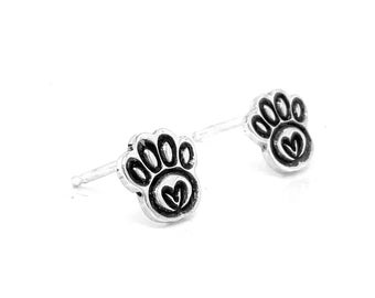 Paw Print Studs, Heart Earrings, Silver Paws, Animal Lover, Pet Love Studs, Cute Paw Ears, Heart Studs, Pet Lover Gift, Sterling Studs