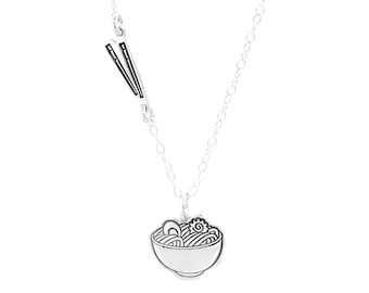 Handmade Sterling Silver Ramen Necklace - Chopsticks and Noodle Pendant Jewelry