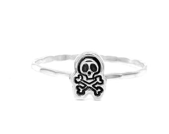 Sterling Silver Skull and Crossbones Ring - Gothic Stacking Ring