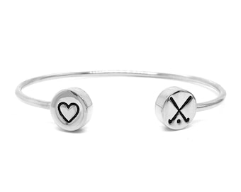 Handcrafted Heart and Field Hockey Double Charm Cuff – Brass or Sterling Silver, Adjustable Bracelet