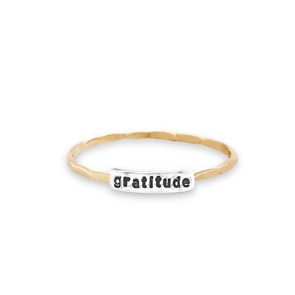 Personalized Gratitude Text Plaque Ring - Customizable Metal and Material Options