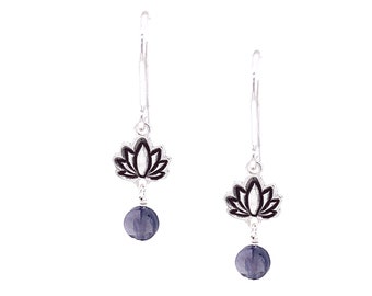 Handmade Lotus Flower & Iolite Gemstone Earrings - Handcrafted Sterling Silver Spiritual Jewelry, Yoga Inspired Gift