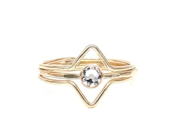 Build Your Own - Crystal Solitaire & Chevron Ring Set - Stacking Band Set with June Birthstone, Handcrafted Jewelry