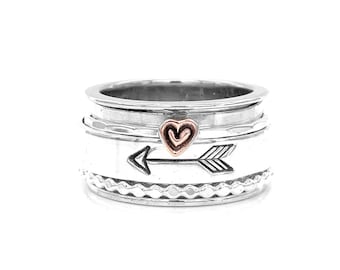 Handmade Heart and Arrow Interchangeable Fidget Spinning Ring in Sterling Silver