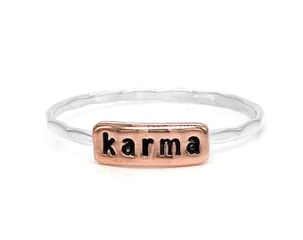 Karma Text Stacking Band, Inspirational Positive Message Jewelry, Handcrafted Mindfulness Gift, Minimalist Ring for Her