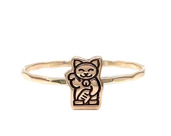 Ready To Ship - Maneki-Neko Charm Stacking Ring - Size 8 - Lucky Cat Symbol, Japanese Inspired Good Fortune Jewelry, Cultural Gift