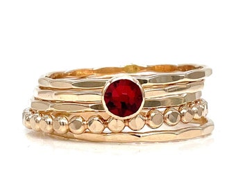 Gold-Filled Stacking Ring Set with Crystal Garnet - Five Band Set for Elegant Layering, Handcrafted Gold Stackable Rings