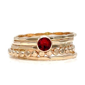 Gold-Filled Stacking Ring Set with Crystal Garnet - Five Band Set for Elegant Layering, Handcrafted Gold Stackable Rings