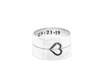 Personalisierte Sterling Silber Paare Herz Ring Set