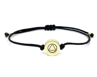 Sobriety Support: Brass AA Symbol Adjustable Charm Bracelet in Black - Recovery Jewelry