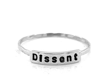 Handmade Ruth Bader Ginsburg Inspired Dissent Text Ring - Sterling Silver Statement Jewelry, Feminist Empowerment Ring