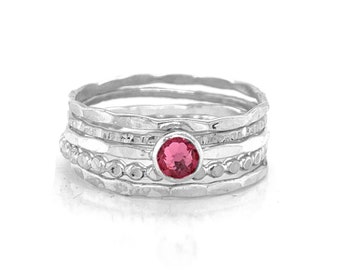 Handmade Sterling Silver Pink Tourmaline Ring Set for October Birthstone, Textured Stackable Rings