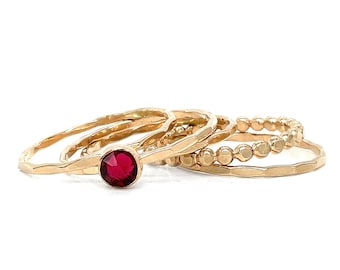 Ruby Crystal Solitaire Stacking Ring Set - Gold Filled, July Birthstone