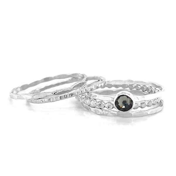Handmade Black Diamond Crystal Solitaire Ring Set with Four Textured Bands - Sterling Silver, Handcrafted Elegant Jewelry Ensemble