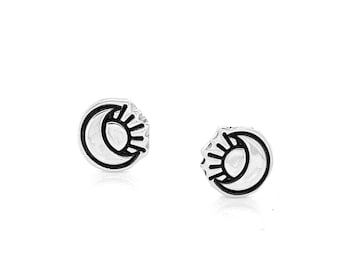 Sterling Silver Sun and Moon Stud Earrings.