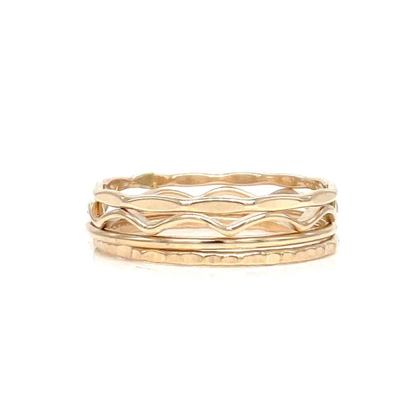 Strukturiertes Stapelring-Set - gehämmerte, ausgebogte, glatte, gewellte Oberflächen in Gold-filled, Rosegold-vergoldet, Sterlingsilber