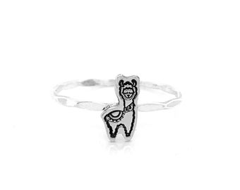 Handmade Llama Charm Stacking Ring - Llama Charm Ring, Handcrafted Animal-Themed Jewelry