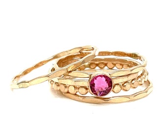 Handmade Pink Tourmaline Crystal Solitaire and Gold Filled Stacking Ring Set - Includes Three Hammered and One Bead Ring