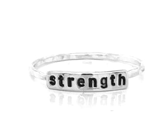 Handmade Strength Text Plaque Ring - Inspirational Word Jewelry, Handcrafted Sterling Silver Motivational Ring