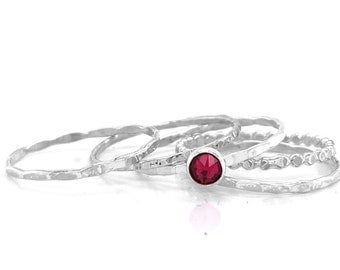 Handmade Sterling Silver Ruby Crystal Solitaire & Texture Ring Set