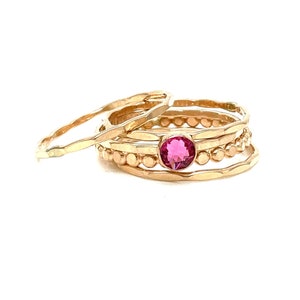 Gold Filled Pink Tourmaline Stacking Ring Set - Crystal Solitaire & Hammered Bands