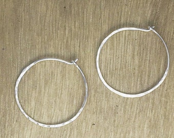 Lightly Hammered Medium Silver Hoop Earrings Sterling Silver Earrings Avocado Shaped Hoop Earrings Hammered Sterling Silver Oval Hoops