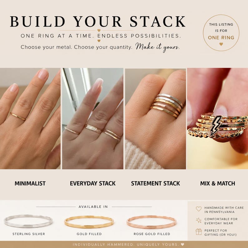 Handmade Hammered Stacking Ring – Sterling Silver, Gold-Filled image 2