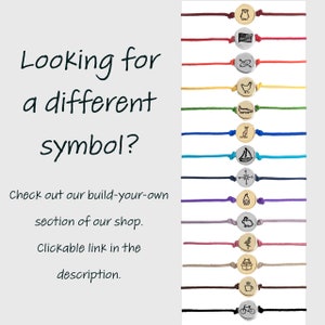 May include: A variety of colorful bracelets with different symbols on the charms. The symbols include a bear, an American flag, a compass, a bird, a lizard, a cat, a sailboat, a compass, a gnome, a rabbit, a flamingo, a gift box, a coffee cup, and a bicycle. The text "Looking for a different symbol? Check out our build-your-own section of our shop. Clickable link in the description." is displayed on the left side of the image.