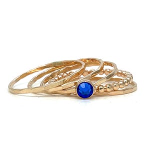 Gold Filled Sapphire Stacking Ring Set with Crystal Sapphire Solitaire and Hammered Bands