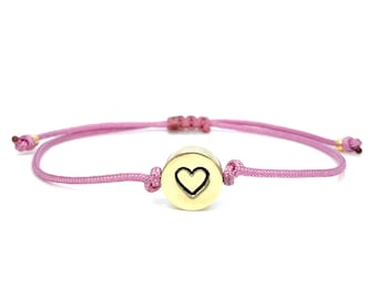 Adjustable Cord Heart Charm Friendship Bracelet - Customizable Colors, Brass, Sterling Silver, Aluminum Options, Versatile Jewelry