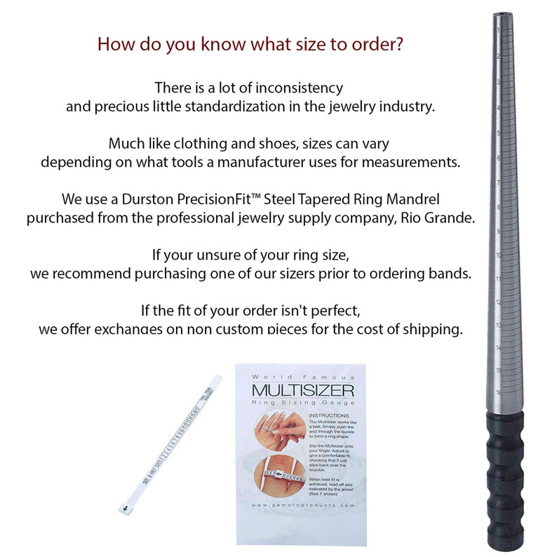 May include: Image of jewelry sizing tools. A steel tapered ring mandrel with black handle, a ring sizer, and a Multisizer ring sizing gauge. Text on the image explains how to determine ring size.