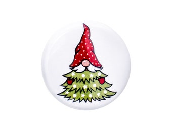 Gnome Christmas Tree Pin, Magnet, or Greeting Card | Festive Holiday Magnet or Pin