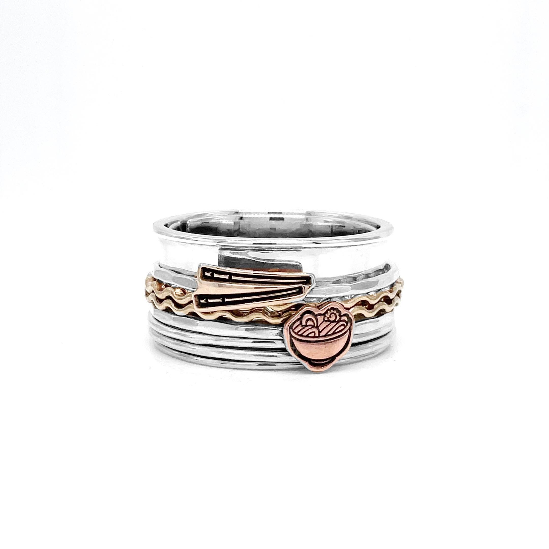 Handmade Interchangeable Ramen Noodle Spinner Ring - Fidget-Friendly Food Lover's Statement Ring with Ramen and Chopstick Charms