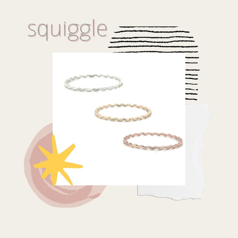 May include: Three thin, wavy, silver, gold, and rose gold rings on a white background. The word "squiggle" is written in black above the rings.