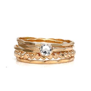 Diamond Crystal Solitaire Stacking Ring Set - Gold Filled, April Birthstone Jewelry, Elegant Handcrafted Rings