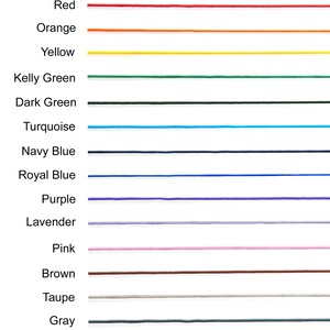 May include: A chart showing 16 different colors of cord, with the color name listed to the left of each cord.
