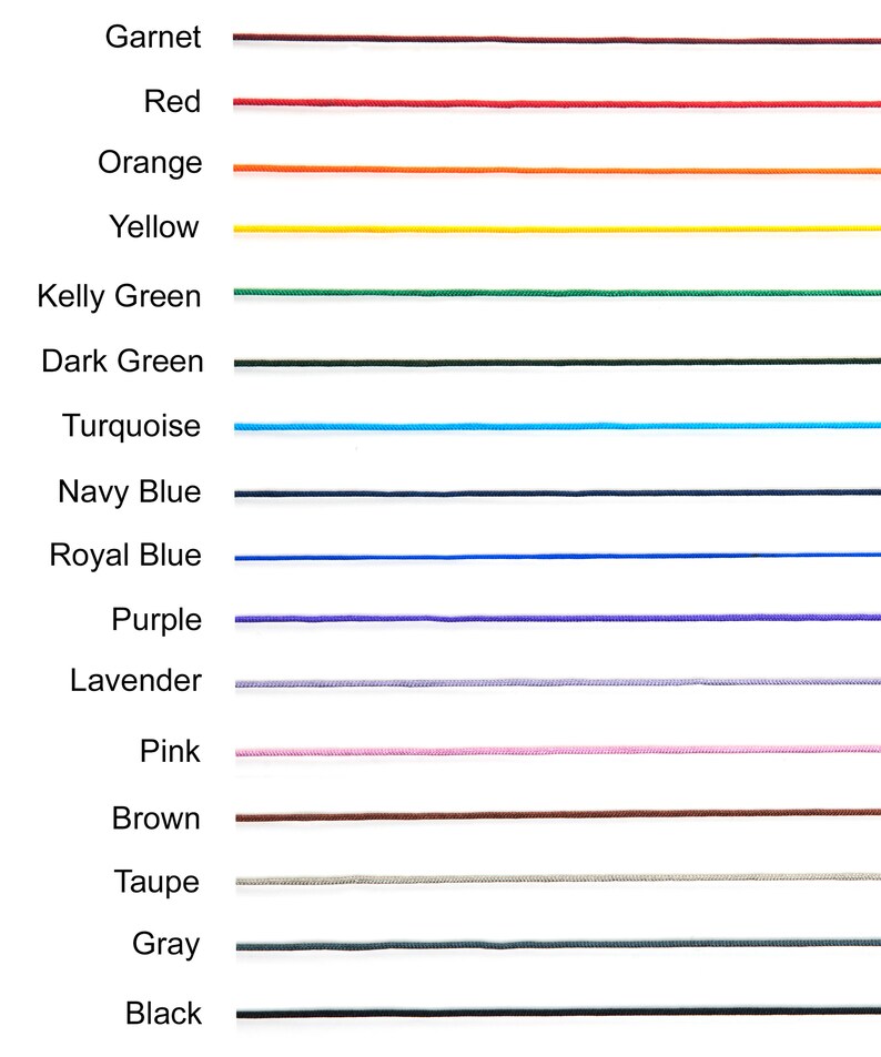 May include: A chart showing 16 different colors of cord, with the color name listed to the left of each cord.