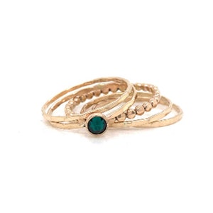 Crystal Emerald Solitaire & Textured Bands Five Ring Set - Stacking Jewelry Set