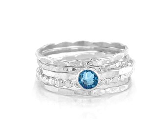 Sterling Silver Aquamarine Crystal Solitaire and Texture Rings Set - Elegant Handmade Jewelry