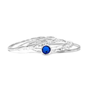 Handmade Sterling Silver Sapphire Crystal Ring Set for September Birthstone, Textured Stackable Rings