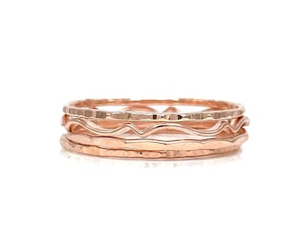 Textured Stacking Ring Set in Rose Gold-Filled - Hammered, Wavy, Ripple Finishes, Elegant Multi-Texture Bands