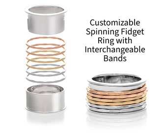 Interchangeable Spinner Ring with Ombre Hammered Stacking Rings - Customizable Fidget Ring, Mix and Match - Spinning Ring