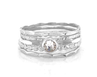 Sterling Silver Diamond Crystal Solitaire and Texture Ring Set - Handcrafted Elegant Jewelry